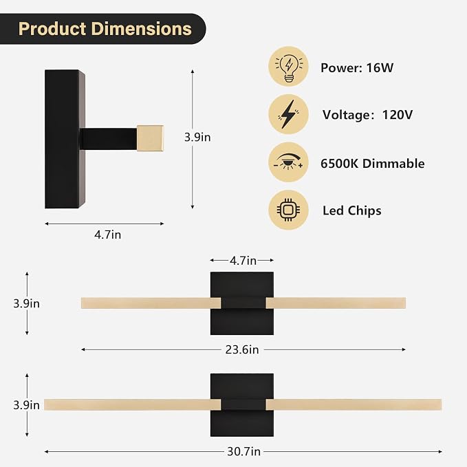 Black Gold Bathroom Vanity Light, 24 Inch LED Light Bar Over Mirror | Modern Bathroom Light Fixture Over Mirror for Vanity, 360° Rotatable Dimmable LED Wall Mounted Lighting, ETL Certified