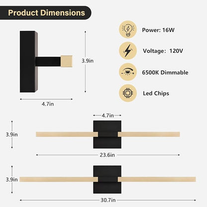 Black Gold Bathroom Vanity Light, 24 Inch LED Light Bar Over Mirror | Modern Bathroom Light Fixture Over Mirror for Vanity, 360° Rotatable Dimmable LED Wall Mounted Lighting, ETL Certified