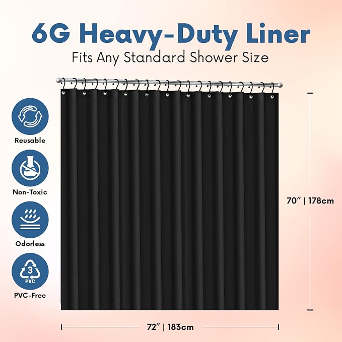 No Smell Shower Curtain Liner 72x72 Black - PEVA Plastic Shower Curtain for Bathroom, PVC-Free Waterproof Black Shower Liner with Metal Grommets and Magnet-Weighted Bottom Hem - Washable Liner