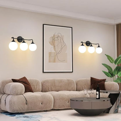Black Bathroom Light Fixtures Over Mirror Vanity 3-Light | Mid Century Modern Matte Black Wall Sconce with Milky White Glass Ball Shades for for Bathroom Dressing Table Bedroom