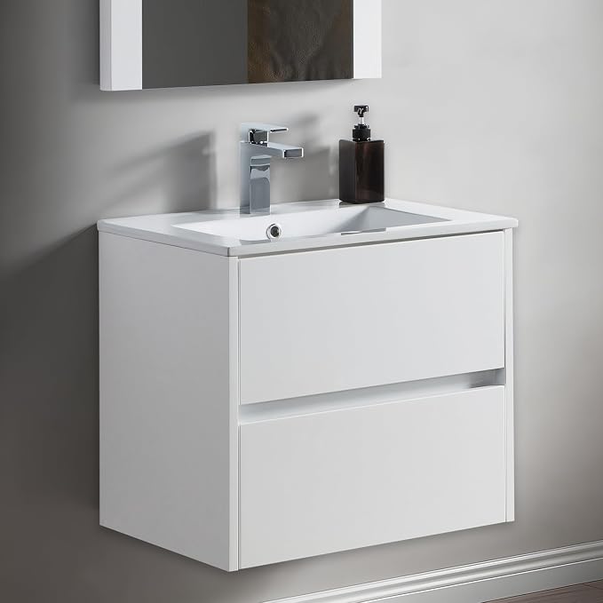 Blossom 24" Modern Bathroom Vanity and Sink Combo - Zero MDF Marine Grade Plywood Wall Mount Vanity - Preassembled Small Space Bathroom Storage, Glossy White Floating Sink Cabinet