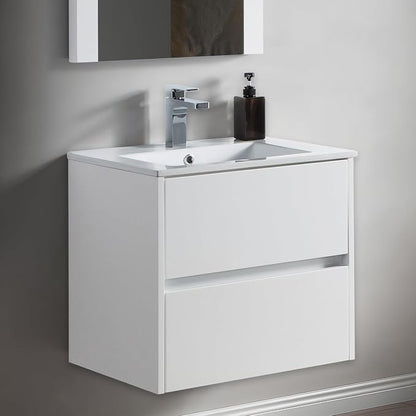 Blossom 24" Modern Bathroom Vanity and Sink Combo - Zero MDF Marine Grade Plywood Wall Mount Vanity - Preassembled Small Space Bathroom Storage, Glossy White Floating Sink Cabinet