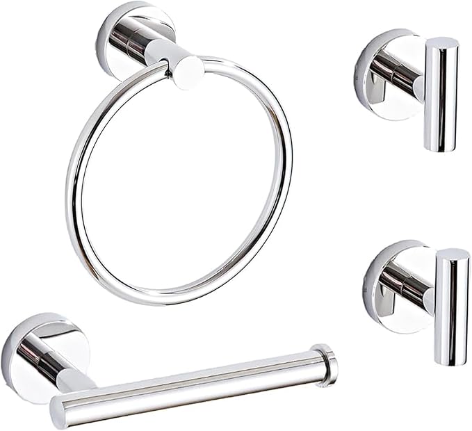 4-Piece Polished Chrome Bathroom Hardware Set - Toilet Paper Holder and Hand Towel Holder, Towel Ring Wall Mounted, Stainless Steel Accessories Set - Silver