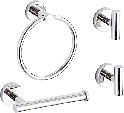 4-Piece Polished Chrome Bathroom Hardware Set - Toilet Paper Holder and Hand Towel Holder, Towel Ring Wall Mounted, Stainless Steel Accessories Set - Silver