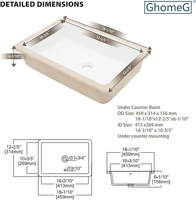 18 Inch Undermount Bathroom Sink 18.25"x12.4" White Rectangle Porcelain Ceramic Vanity Sink with Overflow, Under Counter Lavatory Basin