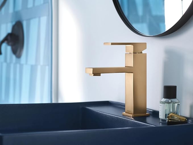 Moen Revyl Bronzed Gold One-Handle Single Hole Modern Bathroom Sink Faucet with Optional Deckplate and Spring Loaded Drain Assembly, 84771BZG