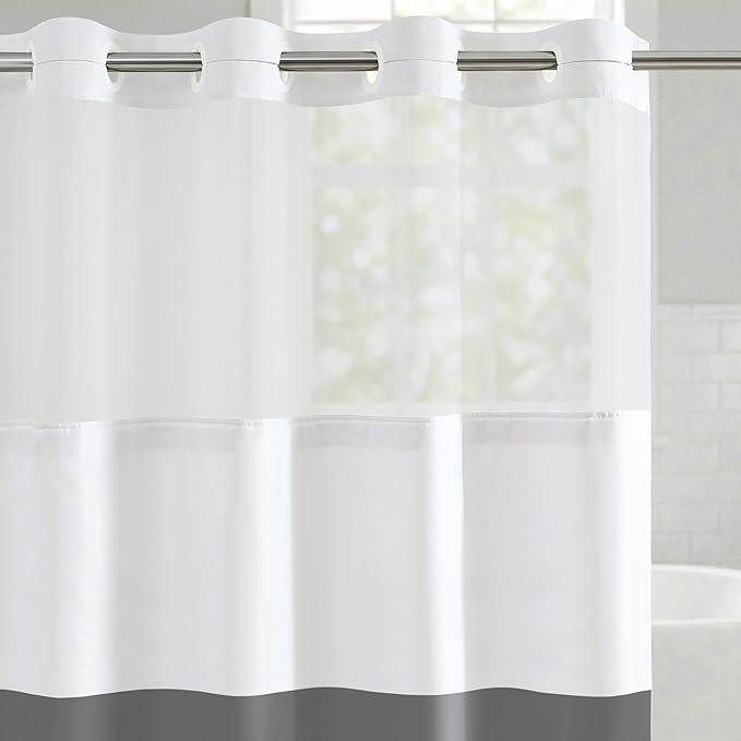 Americanflat 72x75 Hookless Shower Curtain - Water-Resistant Striped Shower Curtain with Sheer Panel, Snap-in Liner, and Durable Grommets - 100% Polyester - Grey and White