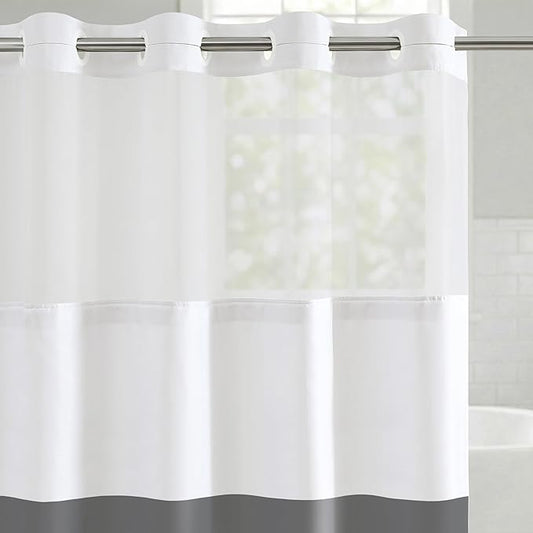 Americanflat 72x75 Hookless Shower Curtain - Water-Resistant Striped Shower Curtain with Sheer Panel, Snap-in Liner, and Durable Grommets - 100% Polyester - Grey and White