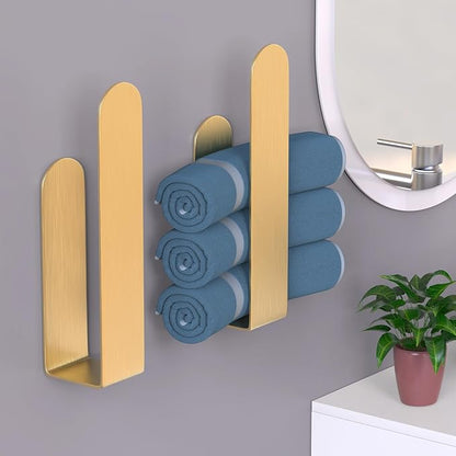 HUFEEOH 2 Pack Adhesive Hand Towel Holder, Kitchen Towel Rack Towel Bars Wall Mounted, Stainless Steel Bath Holder for Bathroom Hotel Kitchen (Gold, 8 Inch(2PC))
