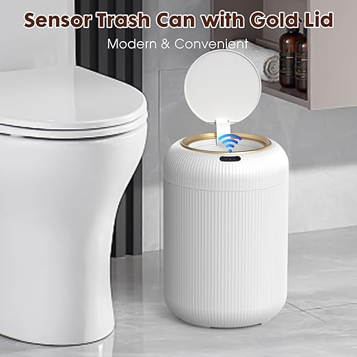 Procade Motion Sensor Trash Can with Lid,Small Automatic Trashcan Bathroom | 3 Gallon Touchless Sensor Trash Bin,White and Gold Garbage Can,Electric Round Plastic Waste Basket for Bedroom,Office,Dorm,RV