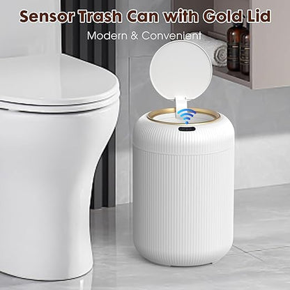 Procade Motion Sensor Trash Can with Lid,Small Automatic Trashcan Bathroom | 3 Gallon Touchless Sensor Trash Bin,White and Gold Garbage Can,Electric Round Plastic Waste Basket for Bedroom,Office,Dorm,RV