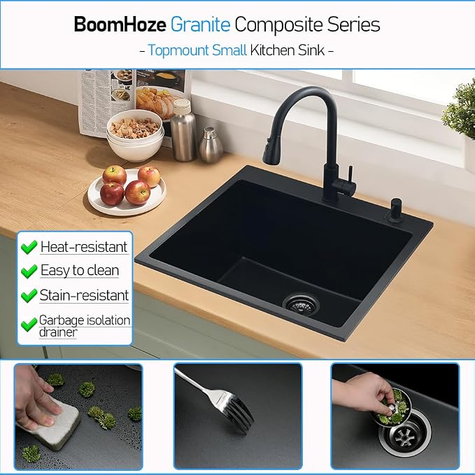25 Inch Quartz Drop In Kitchen Sink | 25x22 Inch Black Granite Composite Quartz Drop In Utility Outdoor Sink Topmount Single Bowl Kitchen Sink with Rubber Squeegee