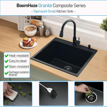 25 Inch Quartz Drop In Kitchen Sink | 25x22 Inch Black Granite Composite Quartz Drop In Utility Outdoor Sink Topmount Single Bowl Kitchen Sink with Rubber Squeegee
