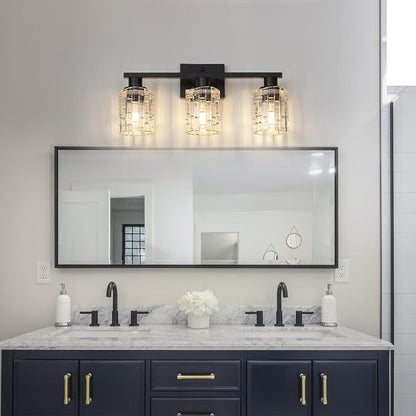3 Light Matte Black Bathroom Vanity Light Over Mirror, Modern Vanity Lighting with Crystal Glass Shade, Wall Mount Bathroom Light Fixtures, E26 Base