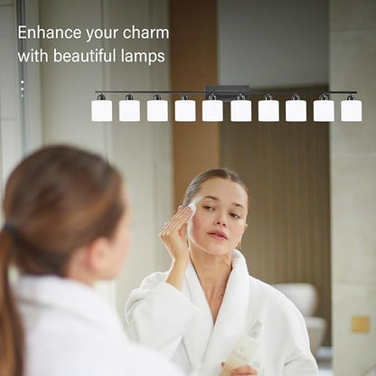 10 Light Black Vanity Lights for Giant Mirror, Bathroom Vanity Lights Over Mirror with Milky White Frosted Glass Shades,65 inch Bathroom Light Fixture for Mirrors, E26