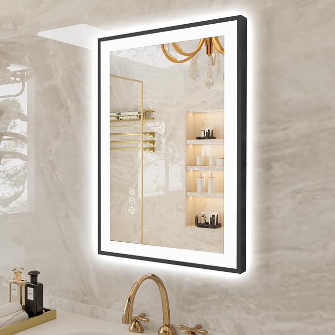 EchosLife 20x28 LED Bathroom Mirrors for Wall - Black Aluminum Framed | Black Frame, Front and Backlit, Anti-Fog, Stepless Dimmable, 3 Colors, Memory, Tempered Glass, UL Listed, Horizontal/Vertical