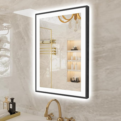 EchosLife 20x28 LED Bathroom Mirrors for Wall - Black Aluminum Framed | Black Frame, Front and Backlit, Anti-Fog, Stepless Dimmable, 3 Colors, Memory, Tempered Glass, UL Listed, Horizontal/Vertical