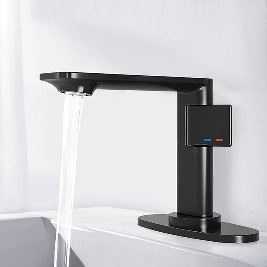 Black Bathroom Faucets 1 Hole, Modern Bathroom Faucet Matte Black with1-Handle, Supply Valve Core, Ceramic Cartridge, Spot-Free & Anti-Splash Finish, Inlet Pipe, 5.3" Tall, Hassle-Free Install