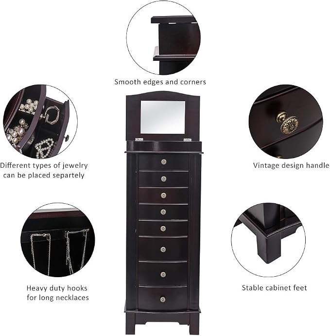 Standing Jewelry Armoire Cabinet Storage Chest with 8 Drawers, 2 Swing Doors, 16 Necklace Hooks, Makeup Mirror Storage Organizer, Large Standing Jewelry Armoire for Women(Brown)