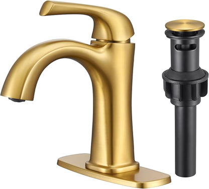 Brushed Gold Bathroom Faucet Single Hole Bathroom Faucet | Sink Faucet for Bathroom Vanity One Hole, with Pop Up Drain & Deckplate Farmhouse