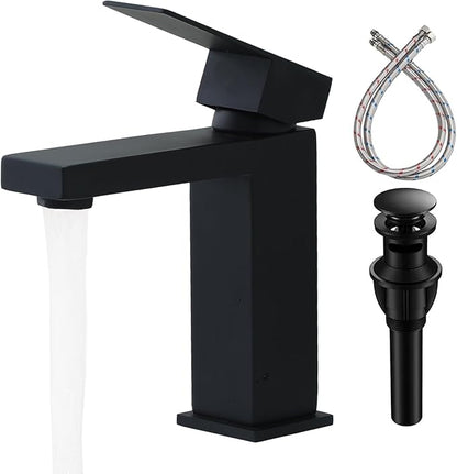 SHACO Black Single Hole Bathroom Faucet, Stainless Steel Single Handle Vanity Sink Faucet with Pop Up Drain and Supply Line, SC-YH1301B-SHBS