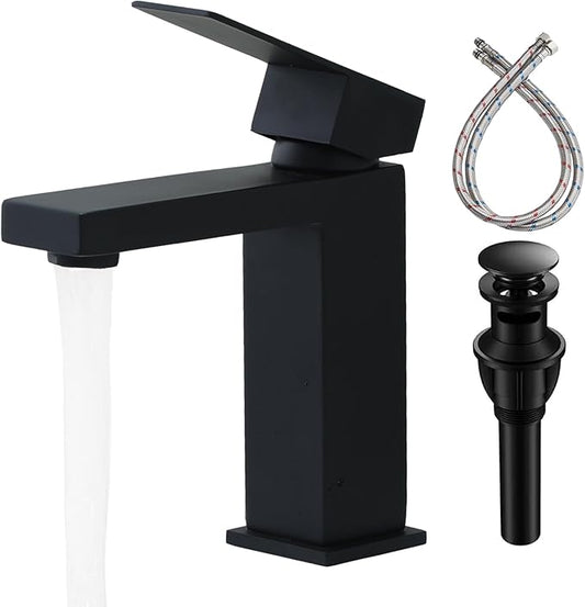 SHACO Black Single Hole Bathroom Faucet, Stainless Steel Single Handle Vanity Sink Faucet with Pop Up Drain and Supply Line, SC-YH1301B-SHBS