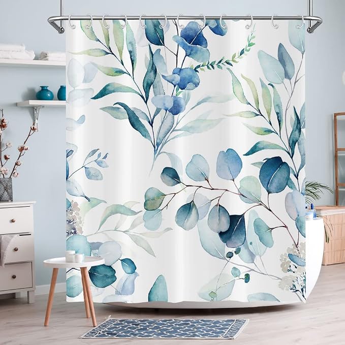 Blue Eucalyptus Leaf Long Shower Curtain, Blue Botanical Watercolor Plants Bathroom Curtain Bathtub Home Decor Waterproof Fabric Machine Washable with 12 PCS Hooks,72" Wx84 L
