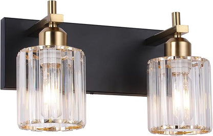 Black and Gold Bathroom Vanity Lights, 2-Light Crystal Bathroom Light Fixtures Over Mirror, 14 Inch Modern Farmhouse Vanity Light, Brass Gold Wall Sconces for Bath Mirror Kitchen Hallway Cabinet