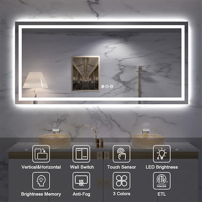 LED Bathroom Mirror 68"X36" with Front Light and Backlit | Stepless Dimmable, Anti-Fog, Shatter-Proof, HD Reflection, Memory, 3 Colors Lighting, UL Listed (Horizontal/Vertical).