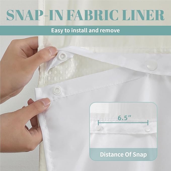 eachope No Hook Waffle Shower Curtain with Snap-in Liner, 54x80 Inch, Cream | 230GSM waffle weave fabric, waterproof liner set with 2 bottom magnets, mesh window, washable, for shower stalls or bathrooms
