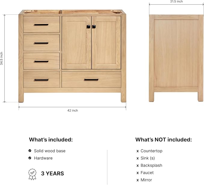 ARIEL Cambridge 42-inch Bathroom Vanity Base Cabinet,Solid Wood, 2 Soft Closing Doors, 5 Dovetail Drawers, White Oak