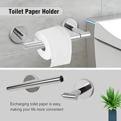 5 Piece Modern Style Wall Mounted Bathroom Hardware Set | #304 Stainless Steel, 24" Towel Bar Mount, Towel Rings, 2 Pillar Toilet Paper Holder, Bathrobe Hook (Chrome)