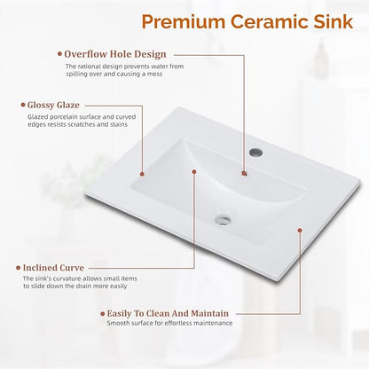 VINGLI 24 Inch Bathroom Vanity with Sink, Mid-Century Modern Vanity with Ceramic Basin and Fluted Soft-Close Doors, U-Shape Storage Shelf,Free Standing Small Bathroom Sink Cabinet Combo Set,Walnut
