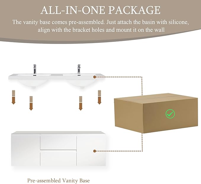 Floating Bathroom Vanity with Double Sinks, 60" Wall-Mounted Bathroom Storage Vanity Cabinet with Resin Top Basin and Soft Close Drawers, No Assembly Required, Glossy White