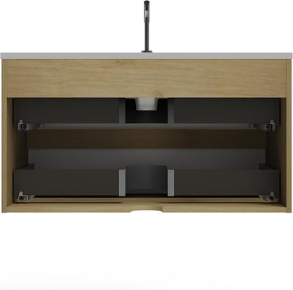 36'' Floating Bathroom Vanity with Sink Combo, Modern Bathroom Cabinet with 2-Soft Close & Large Storage Drawers, for Bath, Apartment, Hotel, White and Natural (Already Assembled)
