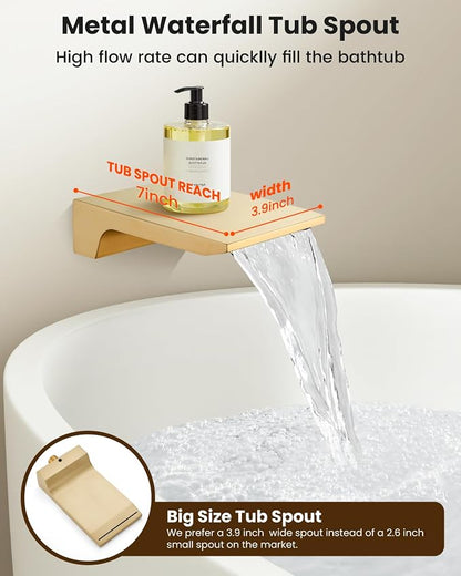 gotonovo Tub Shower Faucet Set with Valve 10'' Rain Head,Brushed Gold | Waterfall Tub Spout Shower System,Bathtub Faucet Set,SUS304 Rain Head with Handheld,Brass Valve Trim Kit,All Metal,Wall Mount