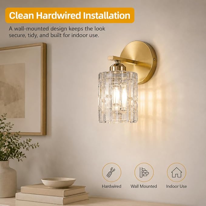 2-Pack 1-Light Modern Matte Black Crystal Wall Sconces, Hardwired Indoor Bathroom Vanity Light Fixtures, Crystal Over Mirror Lamps for Living Room, Bedroom, Hallway