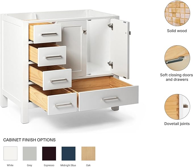 ARIEL Cambridge 36-inch Bathroom Vanity Base Cabinet,Solid Wood, 2 Soft Closing Doors, 5 Dovetail Drawers, White