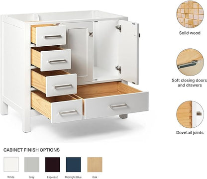ARIEL Cambridge 36-inch Bathroom Vanity Base Cabinet,Solid Wood, 2 Soft Closing Doors, 5 Dovetail Drawers, White