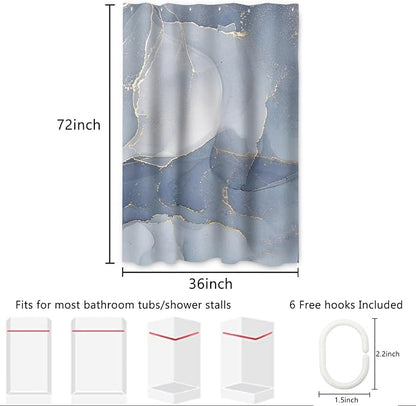 AWERT Small Half Size Stall Shower Curtain with 6 Hooks Shower Stall Curtain 36 x 72 Light Blue Marble Gold 36 inch Shower Curtain for Bathroom/RV and Camper (Blue Marble)