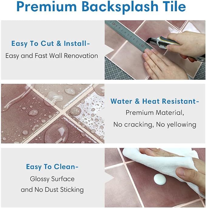Thicker 3D Peel and Stick Backsplash Tiles, 10 Pcs 12" x 12" | Vintage Red, Glossy Self Adhesive Backsplash Sticker for Renter Friendly Bathroom DIY Wall Makeover, Cover 10 sq ft，Removable