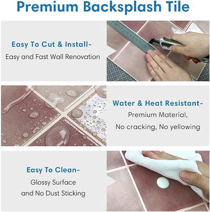 Thicker 3D Peel and Stick Backsplash Tiles, 10 Pcs 12" x 12" | Vintage Red, Glossy Self Adhesive Backsplash Sticker for Renter Friendly Bathroom DIY Wall Makeover, Cover 10 sq ft，Removable