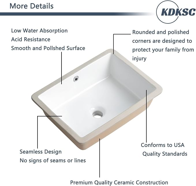 18 Inch Undermount Bathroom Sink White Rectangular Porcelain Ceramic Vanity Basin with Overflow (18.3"x13.8") KDKSC