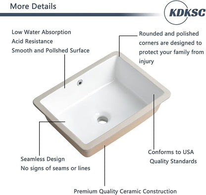 18 Inch Undermount Bathroom Sink White Rectangular Porcelain Ceramic Vanity Basin with Overflow (18.3"x13.8") KDKSC