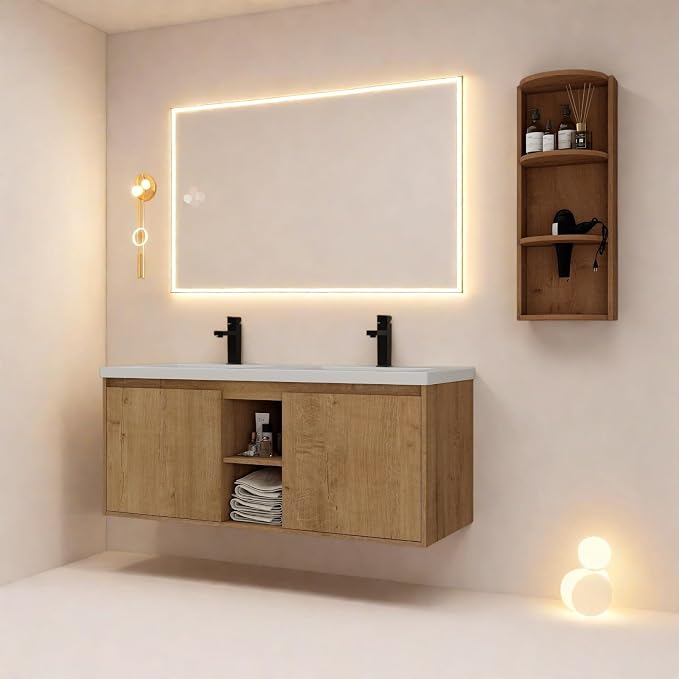 Floating Bathroom Vanity, 48" Bathroom Storage Cabinet with Double Resin Sinks, 2 Soft-Close Doors & 2 Open Storage Shelves, Wall-Mounted Vanity with Extra Three-Layer Spacious Shelves, Oak