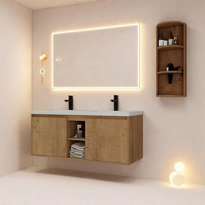 Floating Bathroom Vanity, 48" Bathroom Storage Cabinet with Double Resin Sinks, 2 Soft-Close Doors & 2 Open Storage Shelves, Wall-Mounted Vanity with Extra Three-Layer Spacious Shelves, Oak