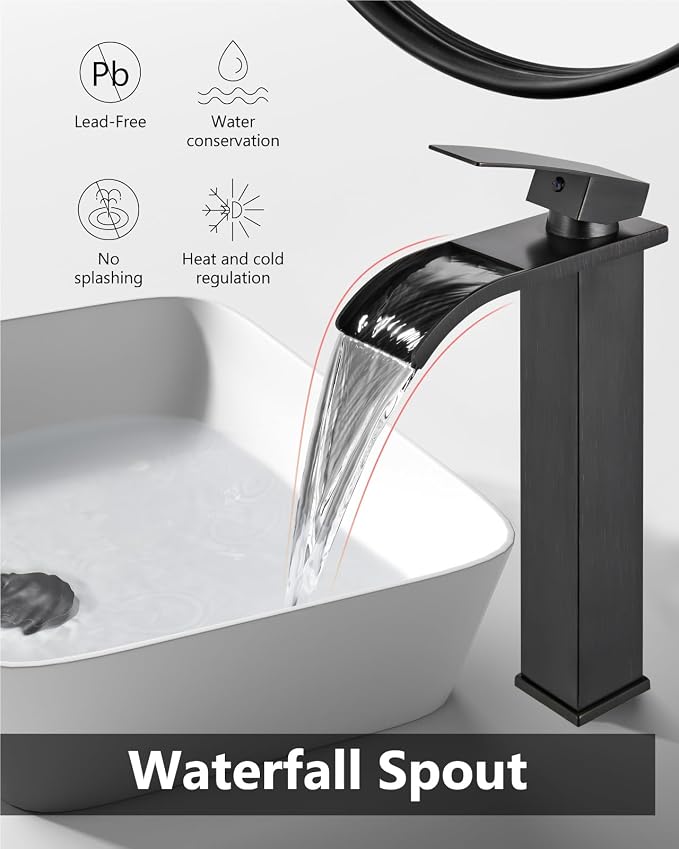 Oil Rubbed Bronze Waterfall Vessel Sink Faucet,Tall Bathroom Faucet | Single-Handle Single-Hole Lavatory Vanity Sink Faucet Mixer Tap Includes Pop-Up Drain and Supply Lines