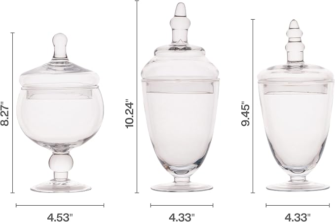 Elements Clear Glass Apothecary Jar Set of 3 with Lids - Decorative Glass Jars for Bathroom, Kitchen, Pantry Storage - Handcrafted, Graduated Heights 10, 9.5, 8.5 In