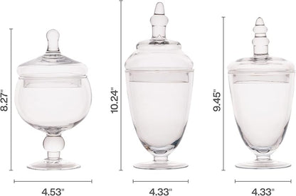 Elements Clear Glass Apothecary Jar Set of 3 with Lids - Decorative Glass Jars for Bathroom, Kitchen, Pantry Storage - Handcrafted, Graduated Heights 10, 9.5, 8.5 In