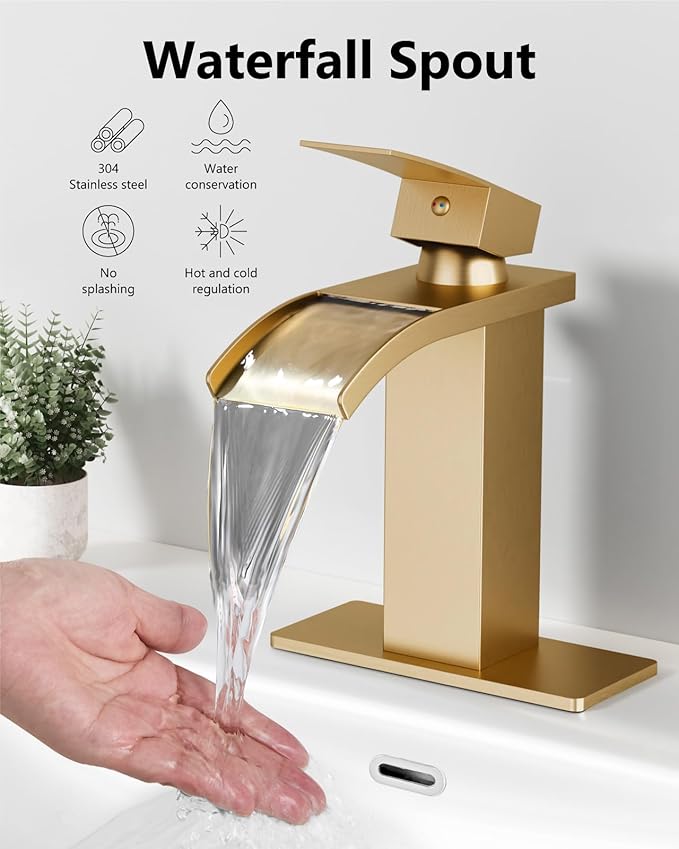 Waterfall Bathroom Faucet 1 Hole, Single Hole Bathroom Faucet, Single Handle Vanity Sink Faucet with Deck Plate, Pop-up Drain & Supply Lines, Gold